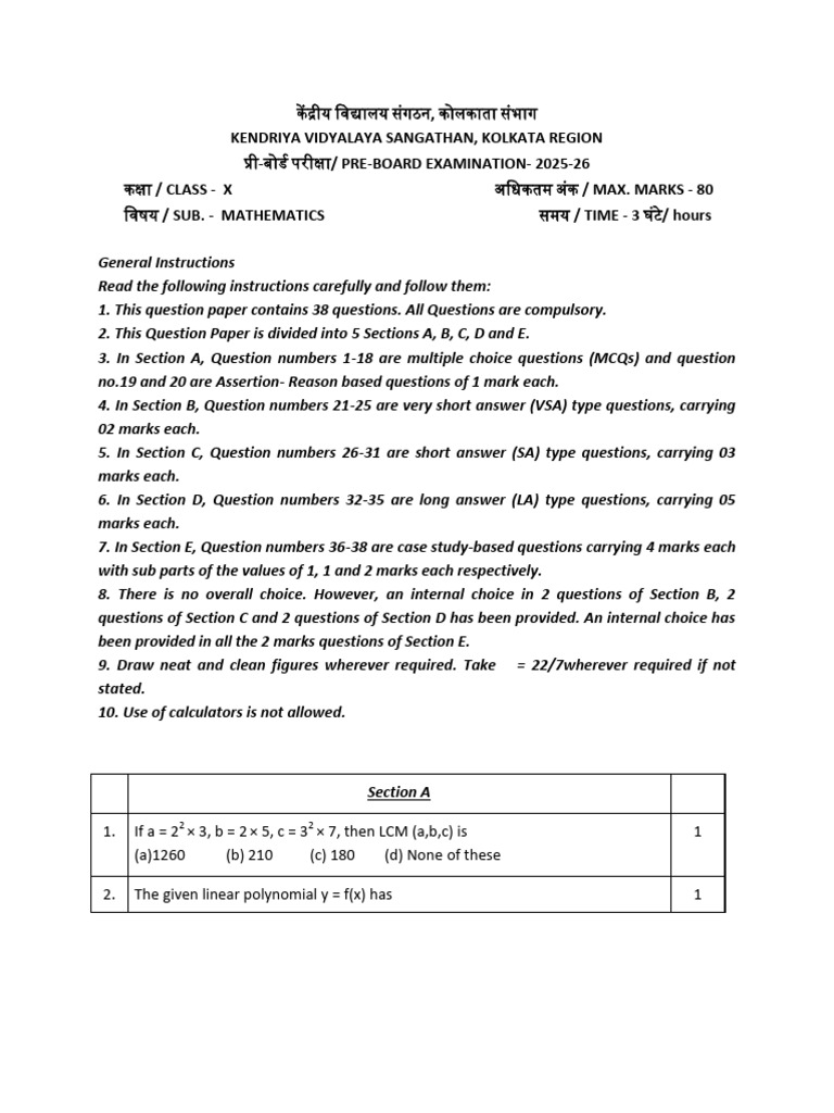 Pre-Board Exam 2025-26: Class X Mathematics | PDF | Zero Of A Function ...