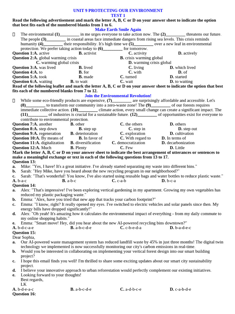 Unit 9 Grade 10 Test 1 | PDF