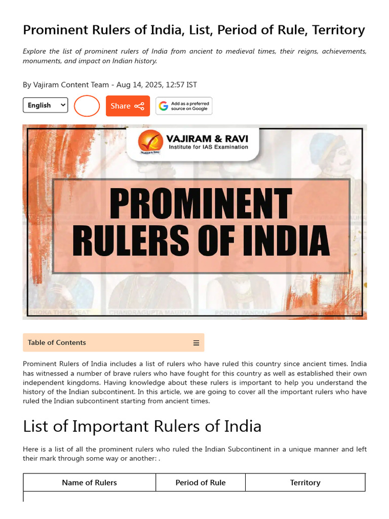X Prominent Rulers of India, List, Period of Rule, Territory | PDF