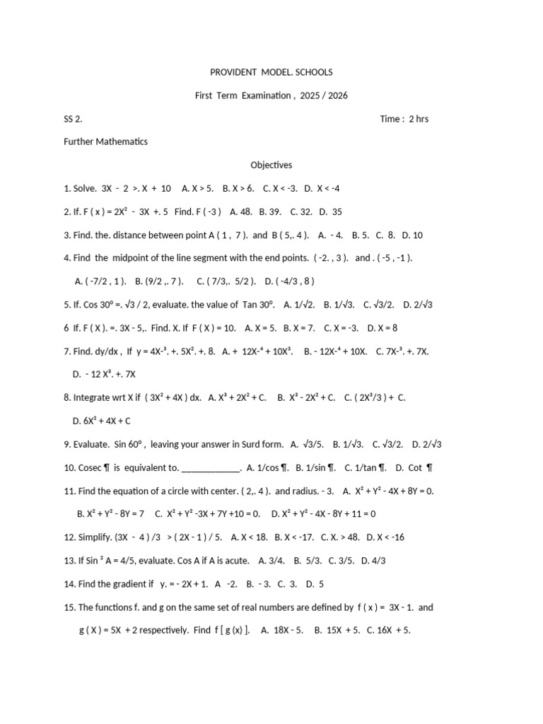 SS2 Further Mathematics Exam 2025/26 | PDF | Mathematics