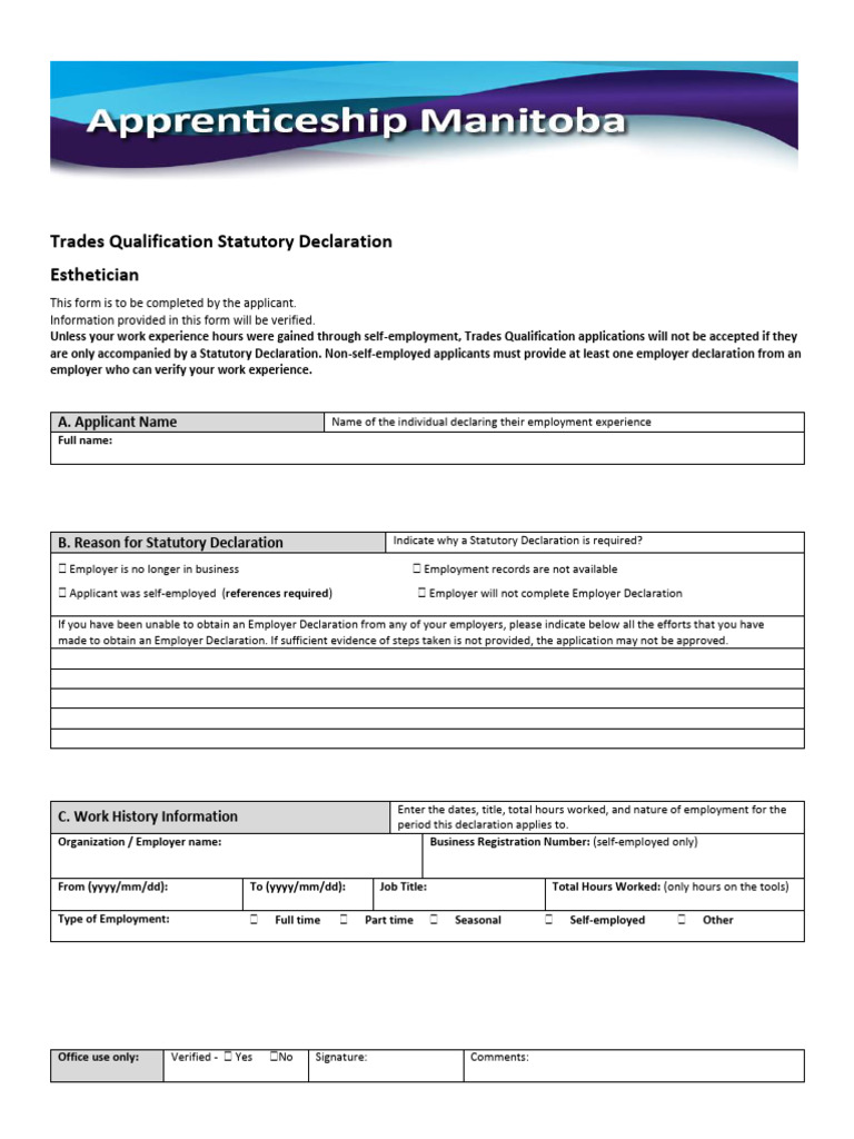 Esthetician Trades Qualification Form | PDF