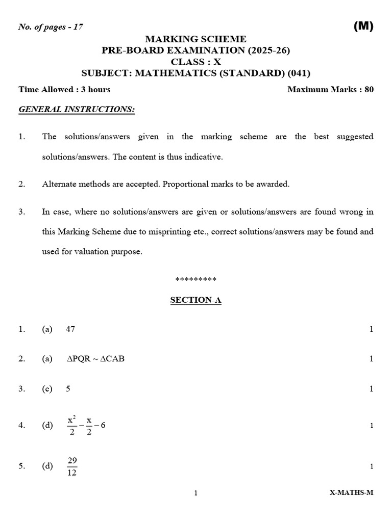 Class X Mathematics Pre-Board Marking Scheme | PDF | Mathematics ...
