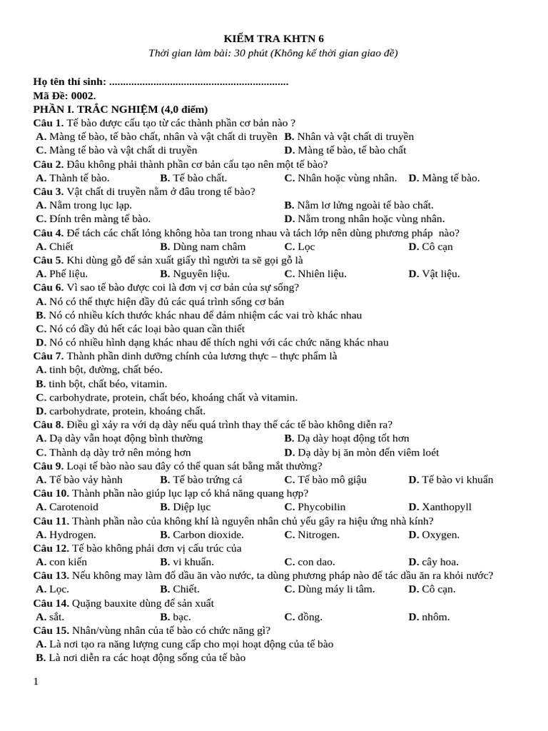 Đề 2 - KHTN 6 | PDF