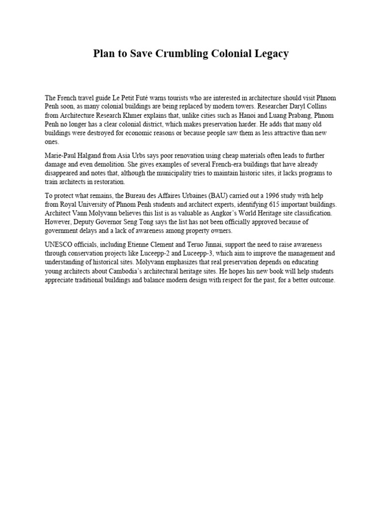 Summarization - Plan To Save Crumbling Colonial Legacy | PDF