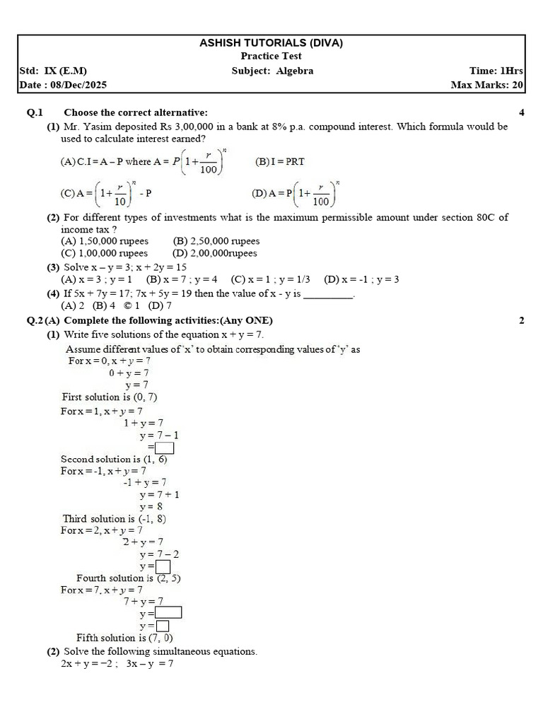 IX Algebra Practice Test 2025 | PDF | Equations | Mathematics