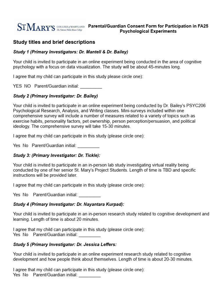Parental Consent for Child's Research Participation | PDF | Psychology ...