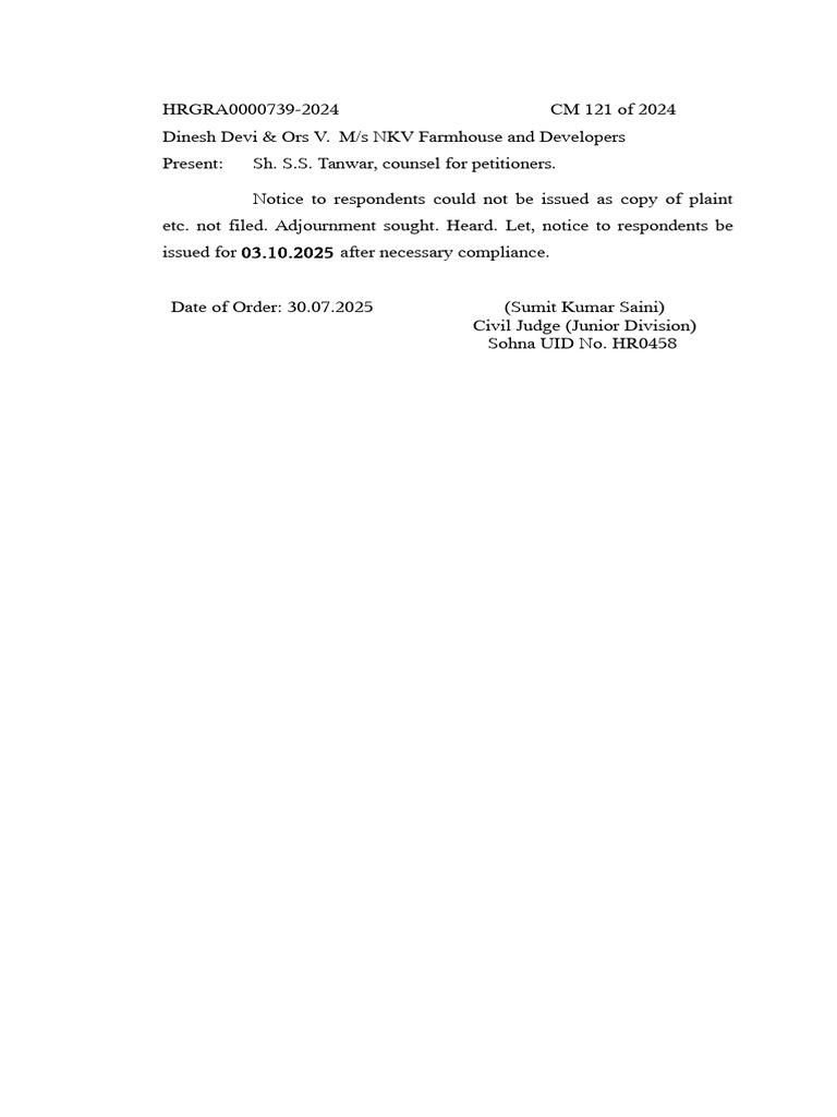 Dinesh Devi V. NKV Farmhouse Case Update | PDF
