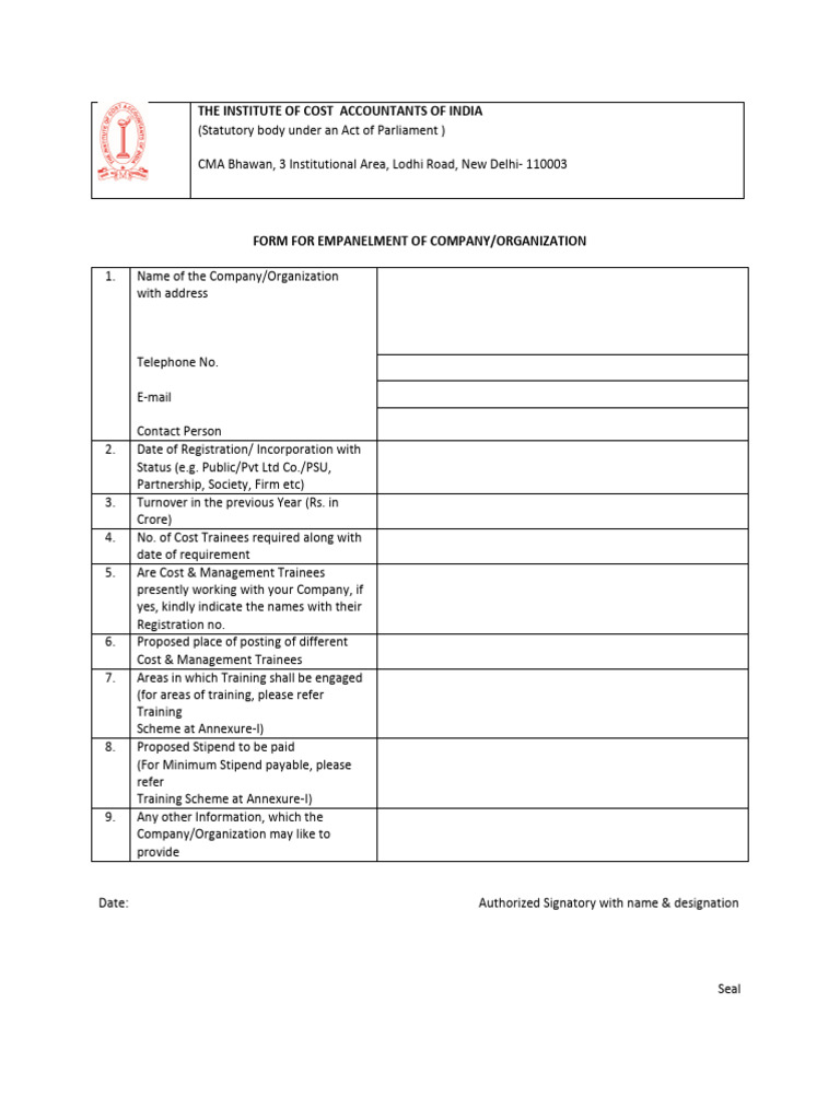 Company Empanelment Form for CMA | PDF