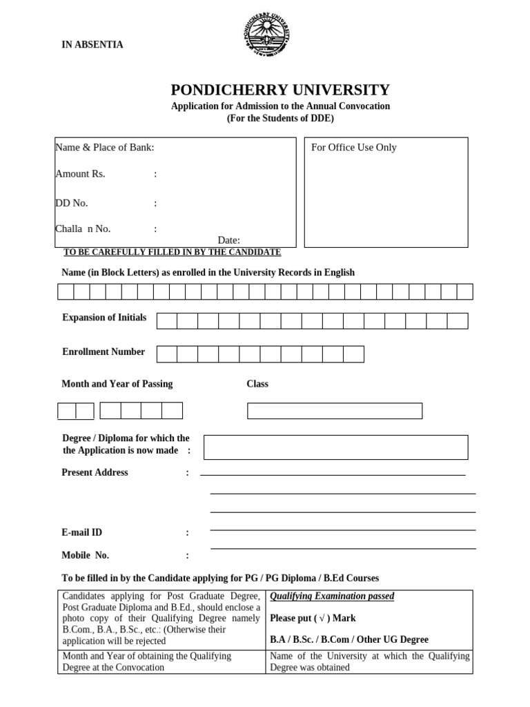 Pondicherry University Convocation Application | PDF | Postgraduate ...