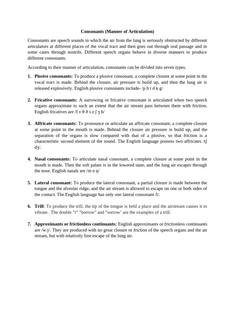 Types of Consonants Explained | PDF