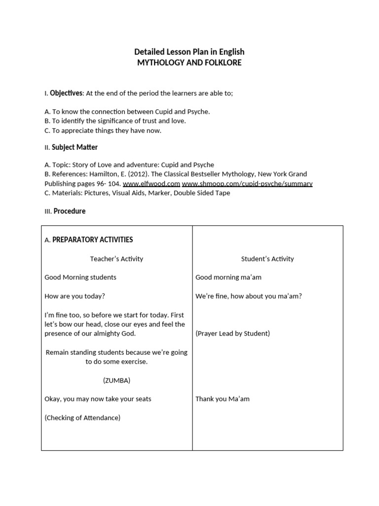 Lesson Plan: Cupid and Psyche Story | PDF | Cupid