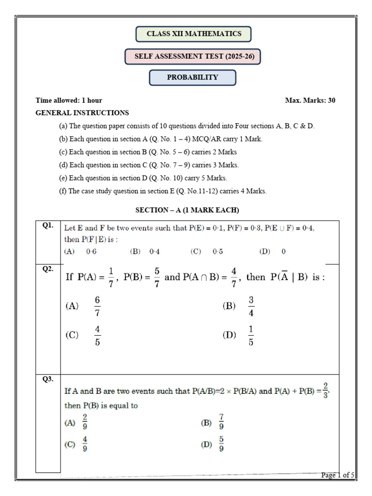Class XII Mathematics Probability Test | PDF | Tests