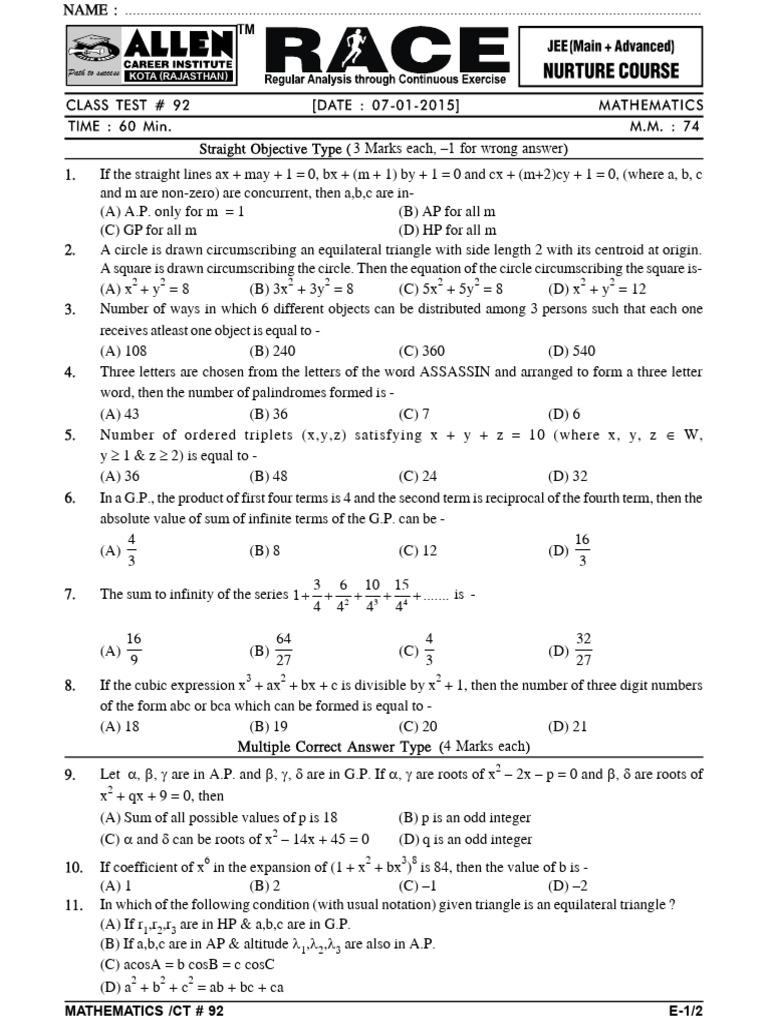 Mathematics Objective Questions for KOTA | PDF | Circle | Mathematical ...