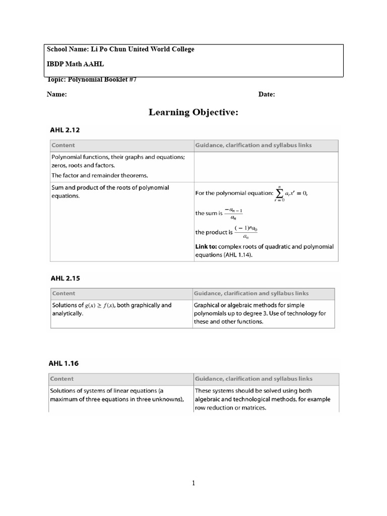 Polynomial Booklet #7 for IBDP Math AAHL | PDF