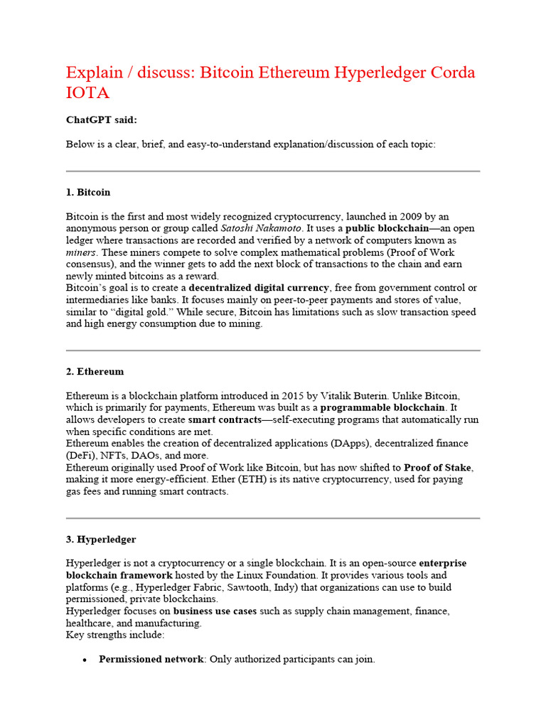 Explain / Discuss: Bitcoin Ethereum Hyperledger Corda Iota: Chatgpt Said |  PDF | Bitcoin | Cryptocurrency