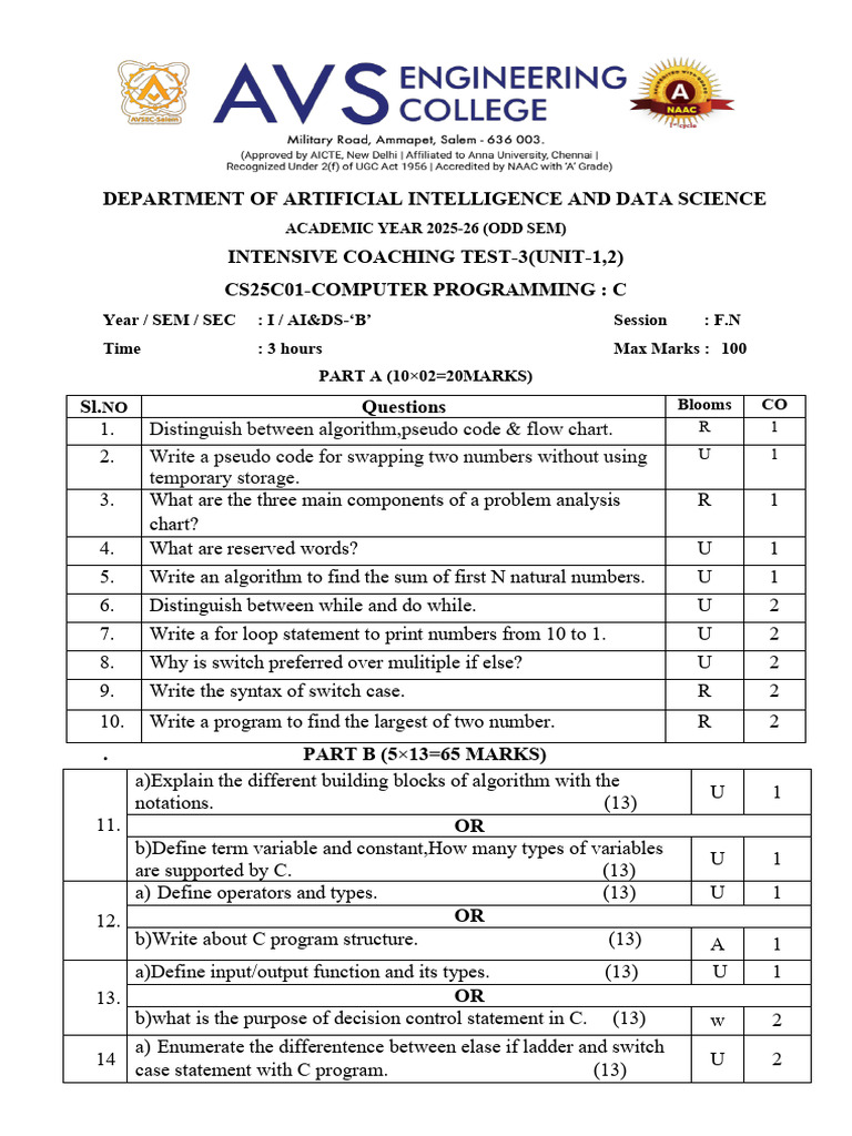 Ict Ai&Ds-'b' C Prog Test 3 | PDF | Computer Programming | Software ...