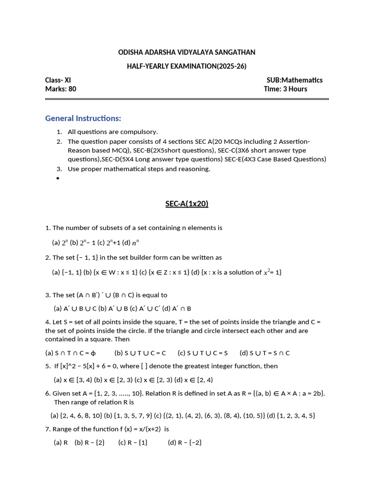 Odisha Class XI Mathematics Exam Paper | PDF | Circle | Mathematics