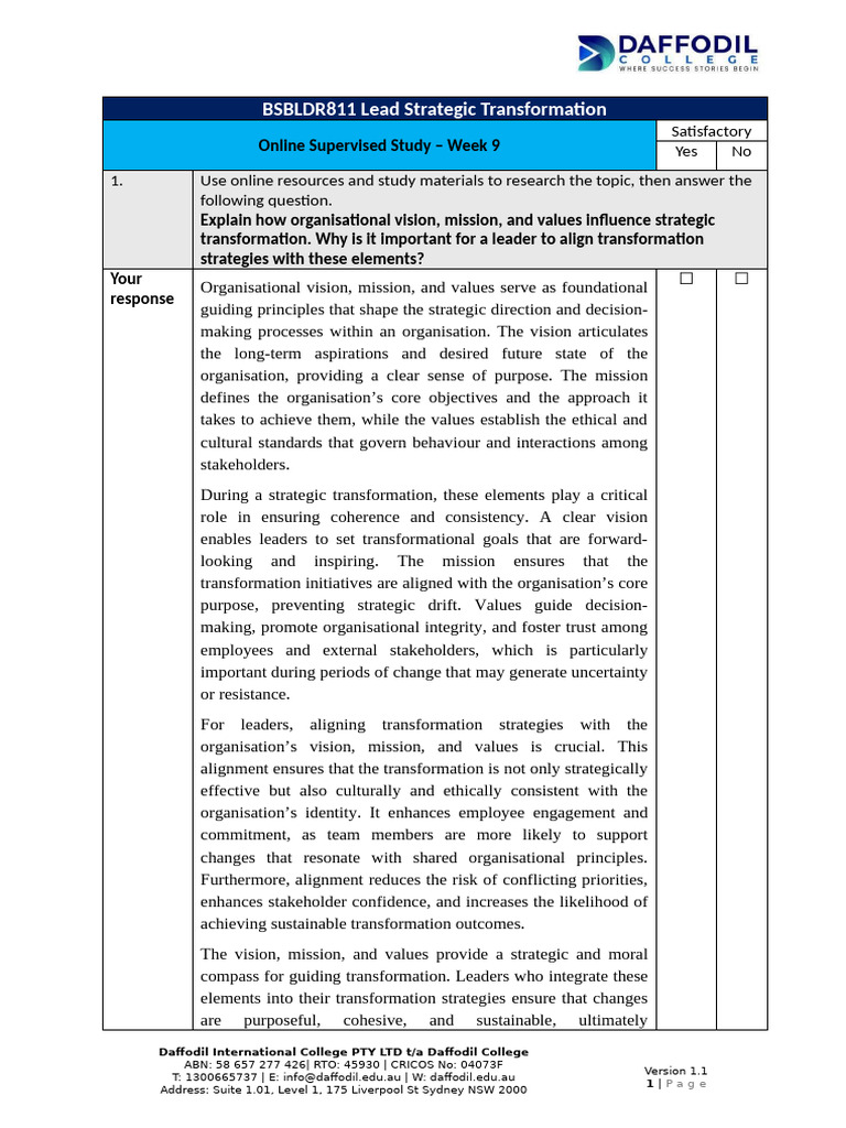 GDM - OSS - BSBLDR811 - Lead Strategic Transformation - Week 9 | PDF ...