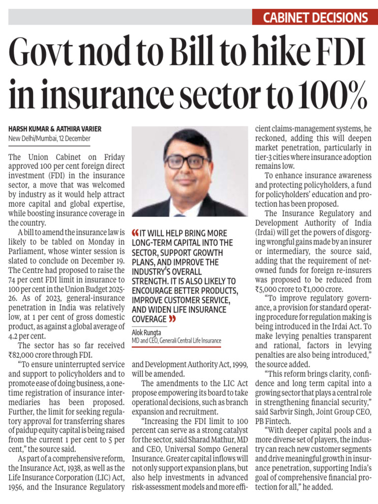 100% FDI Approval in Insurance Sector | PDF | Insurance | Economies