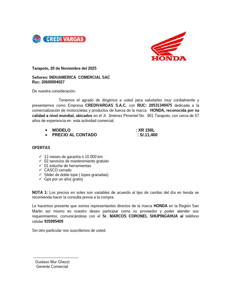 Venta de Motocicletas Honda XR 150L | PDF