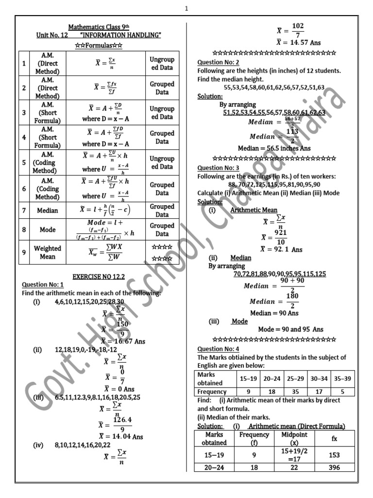 Class 9 Mathematics: Information Handling | PDF | Mean | Mode (Statistics)