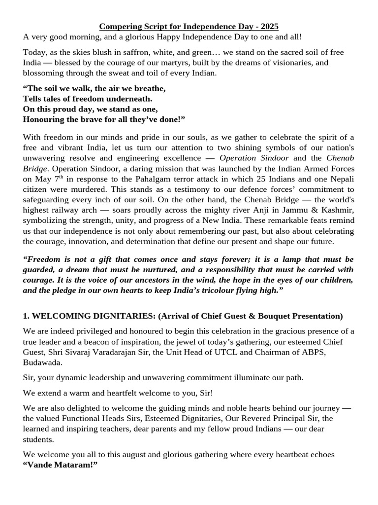 Independence Day 2025 Celebration Script | PDF