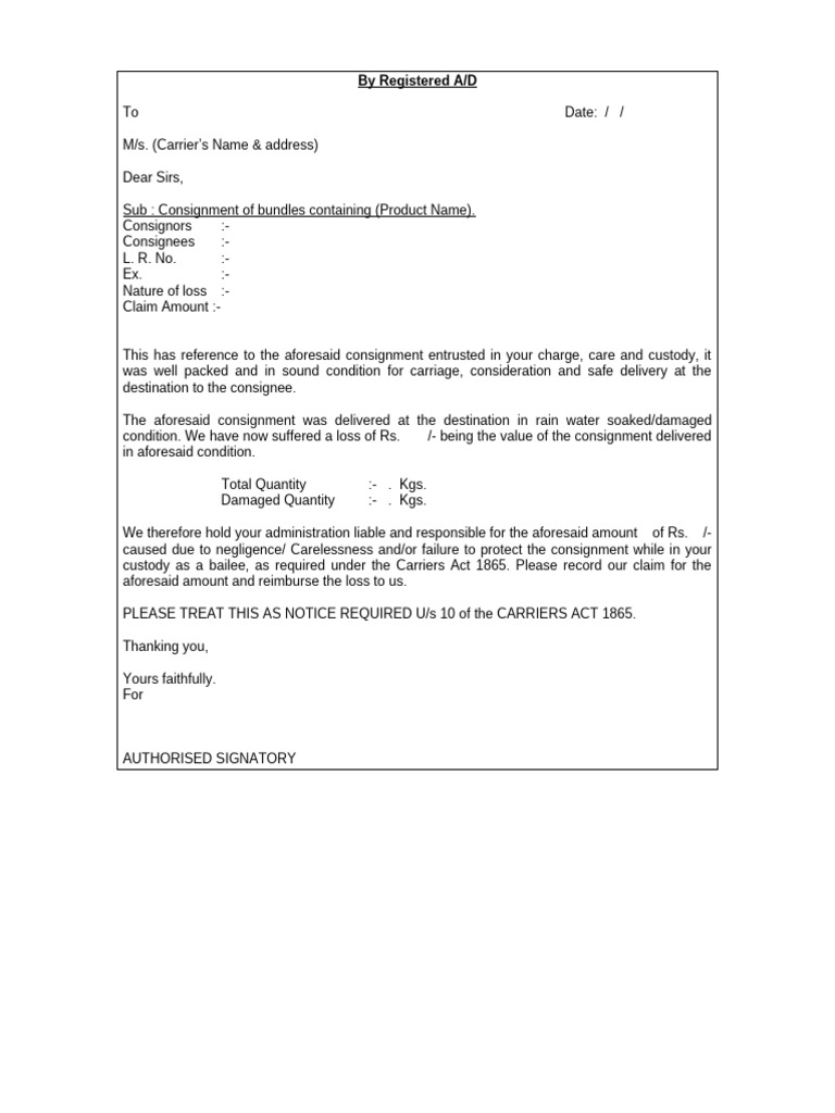 Claim for Damaged Consignment Notice | PDF