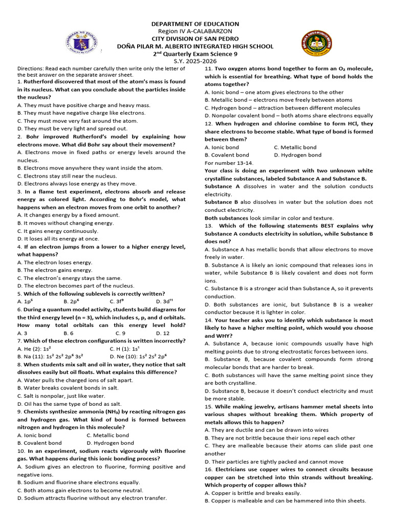 Science 9 Quarterly Exam Guide | PDF | Chemical Bond | Ion