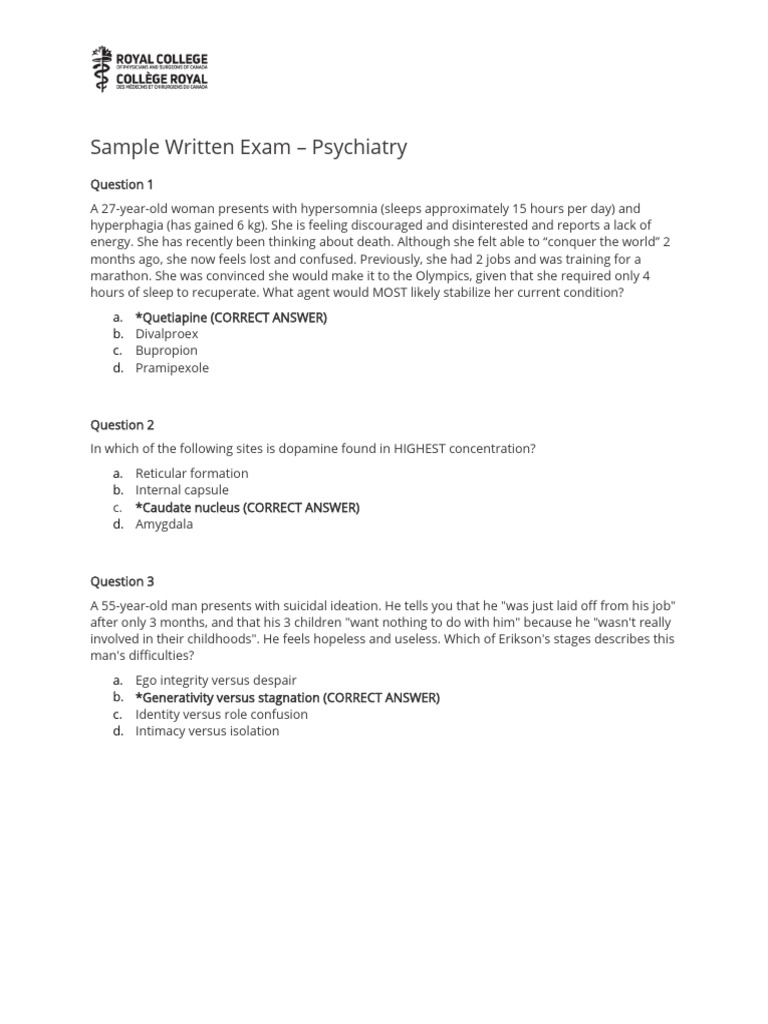 Psychiatry Exam Questions and Answers | PDF
