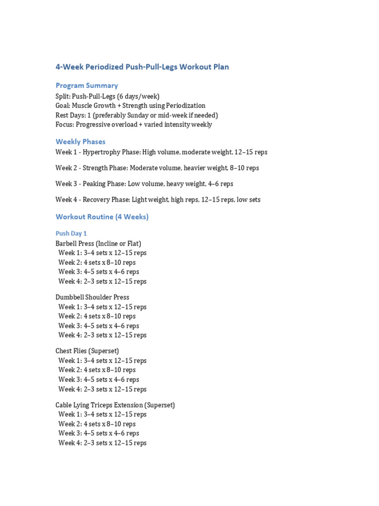 4-Week Push-Pull-Legs Workout Plan | PDF | Strength Training | Weight ...