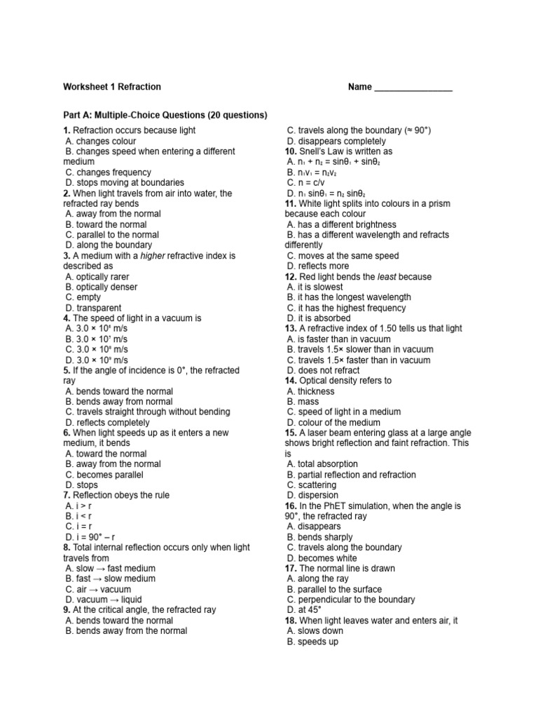 Refraction Worksheet and Problems | PDF | Refraction | Light