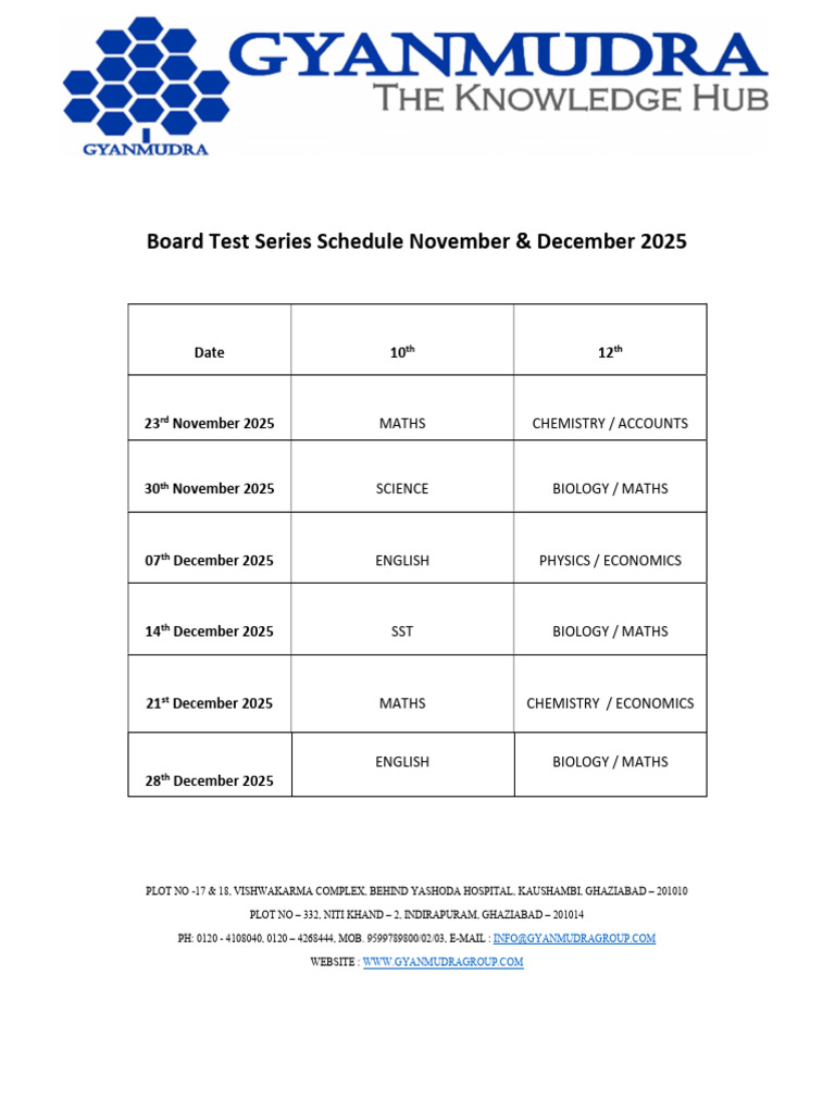 Board Test Schedule Nov-Dec 2025 | PDF