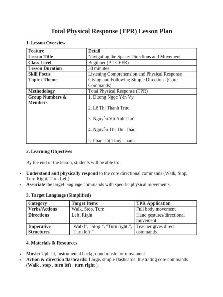 TPR Lesson Plan: Directions & Movement | PDF | Cognitive Science ...