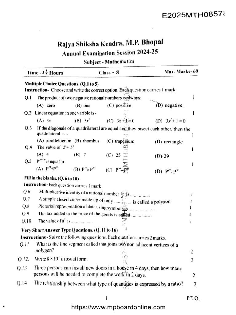 MP Board Class 8 Mathematics 08578 2025 | PDF