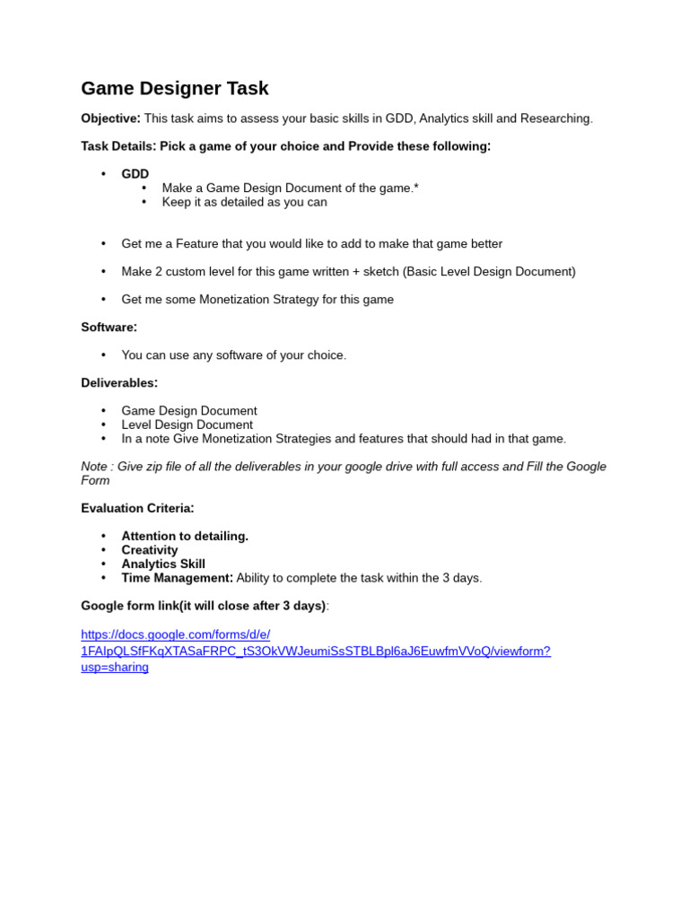 Game Designer Task | PDF
