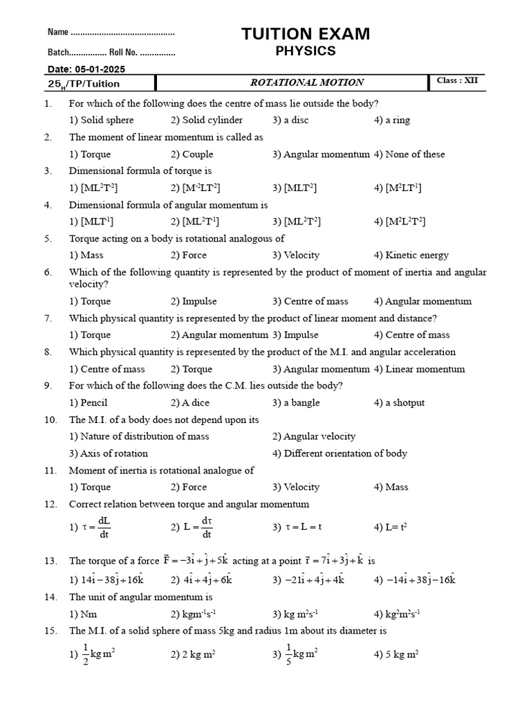 Rotational Motion Exam Questions | PDF | Rotation Around A Fixed Axis ...