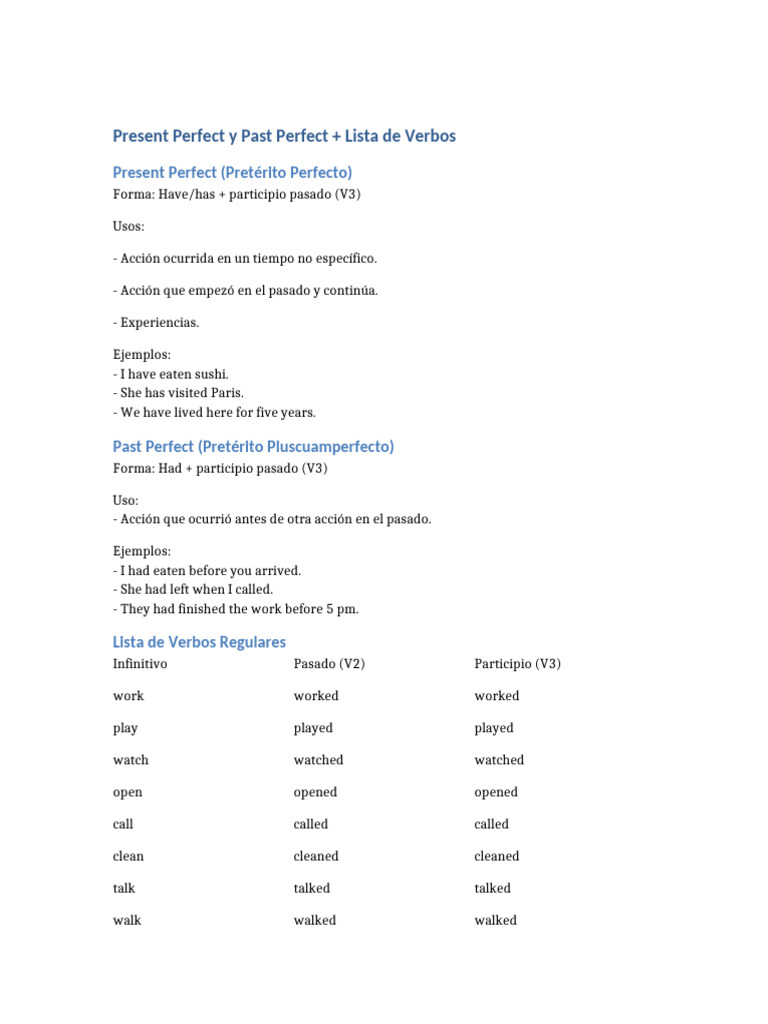 Present Perfect y Past Perfect en Inglés | PDF | Syntax | Language ...