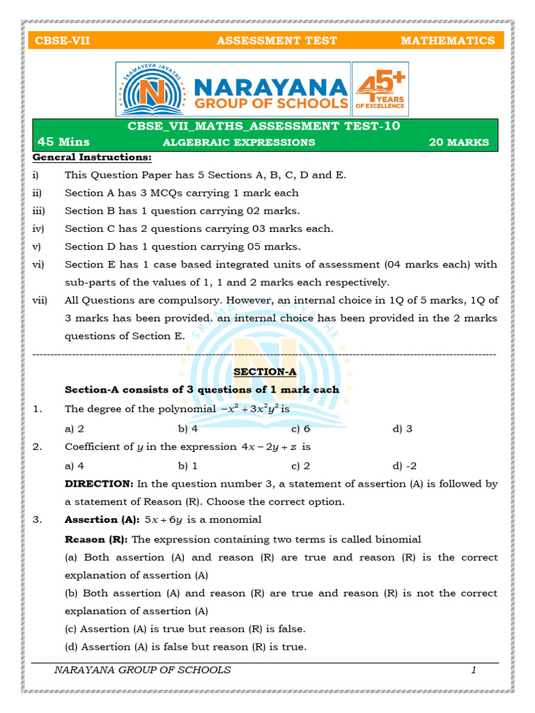 07 - CBSE - VII - Maths-ASSESSMENT TEST - 10 - ALGEBRAIC EXPRESSIONS ...