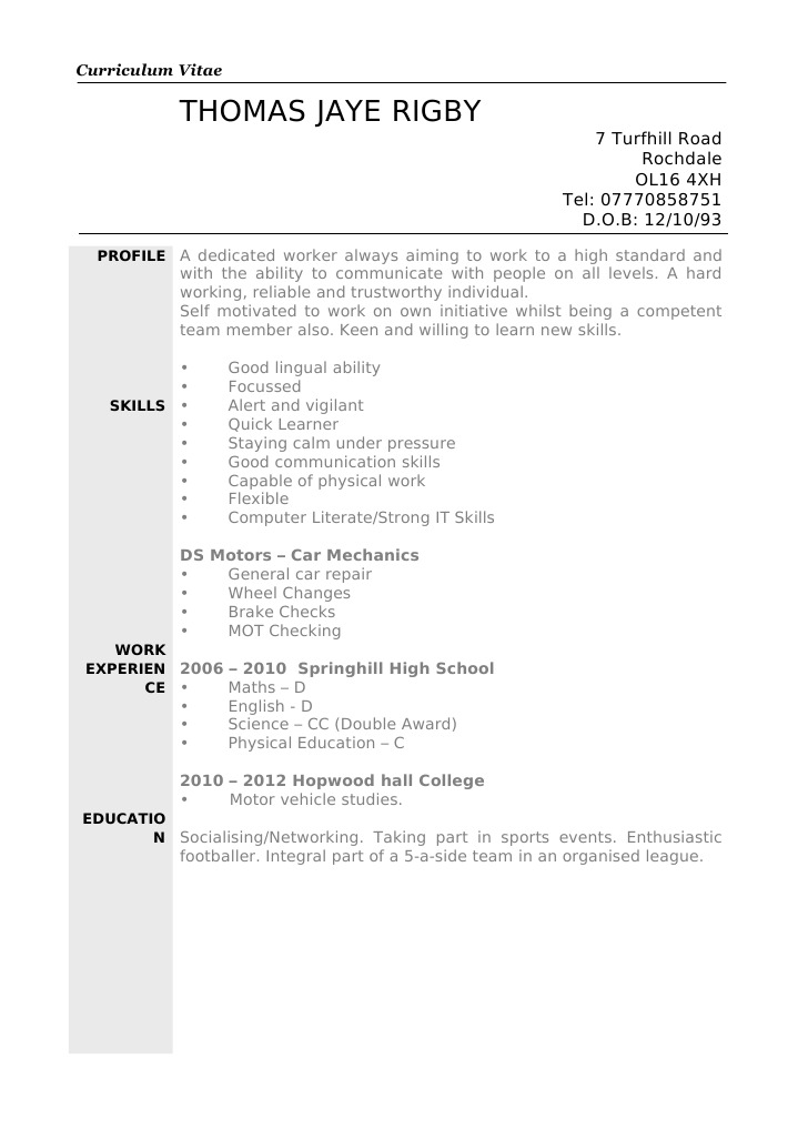 Thomas Rigby CV: Mechanic Skills & Experience | PDF