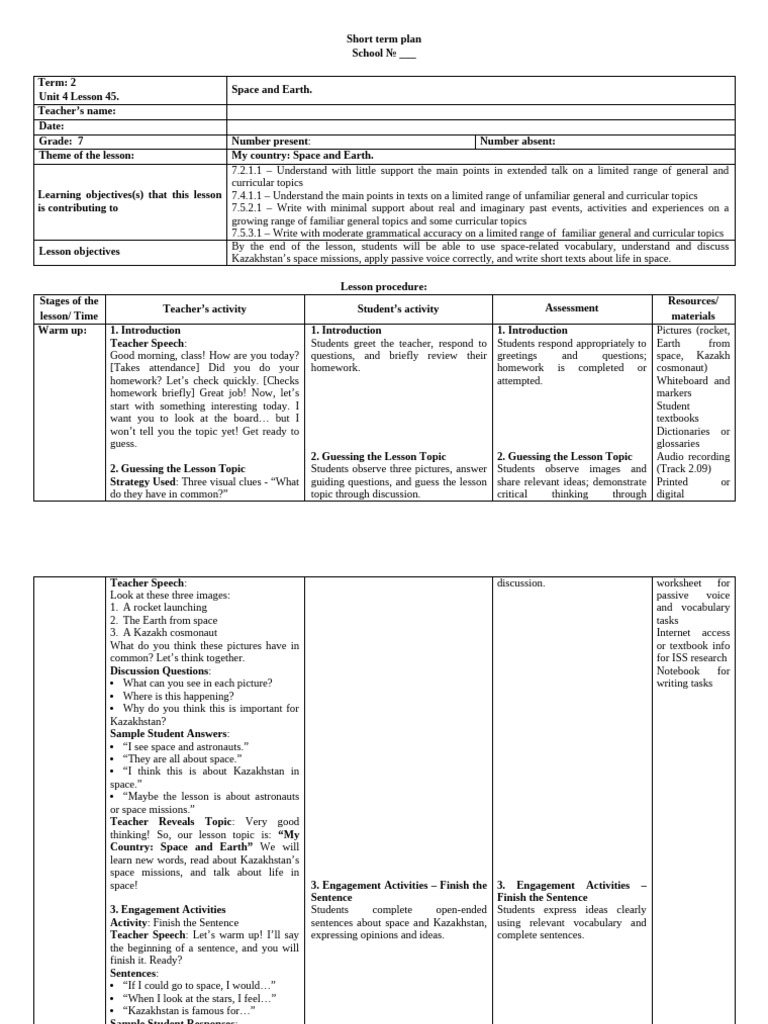 Kazakhstan's Space Lesson Plan | PDF | Vocabulary | International Space ...