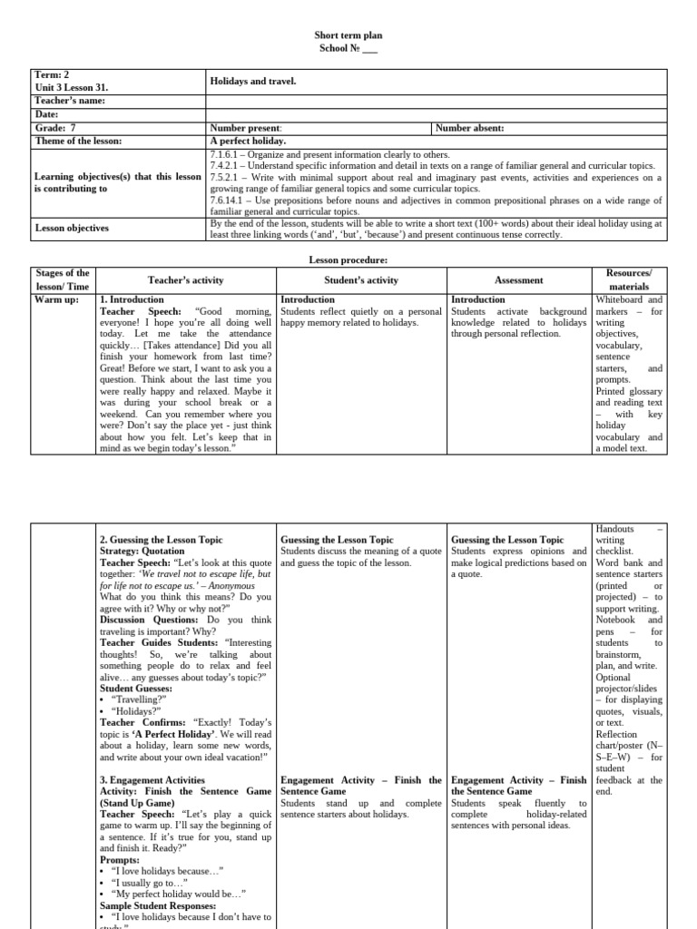 Perfect Holiday Lesson Plan for Grade 7 | PDF | Reading Comprehension ...
