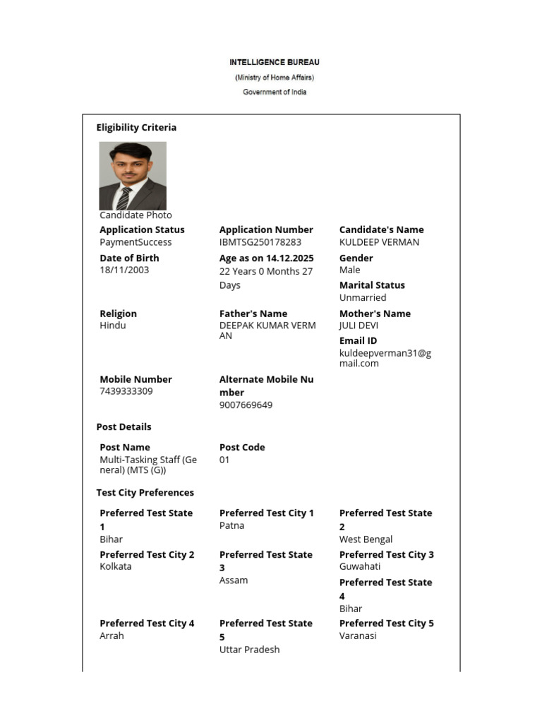 MTS Application Details for Kuldeep Verman | PDF