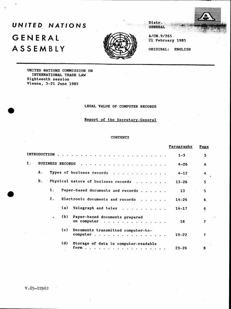 UNCITRAL Secretariat Legal value of computer records December 1985 ...