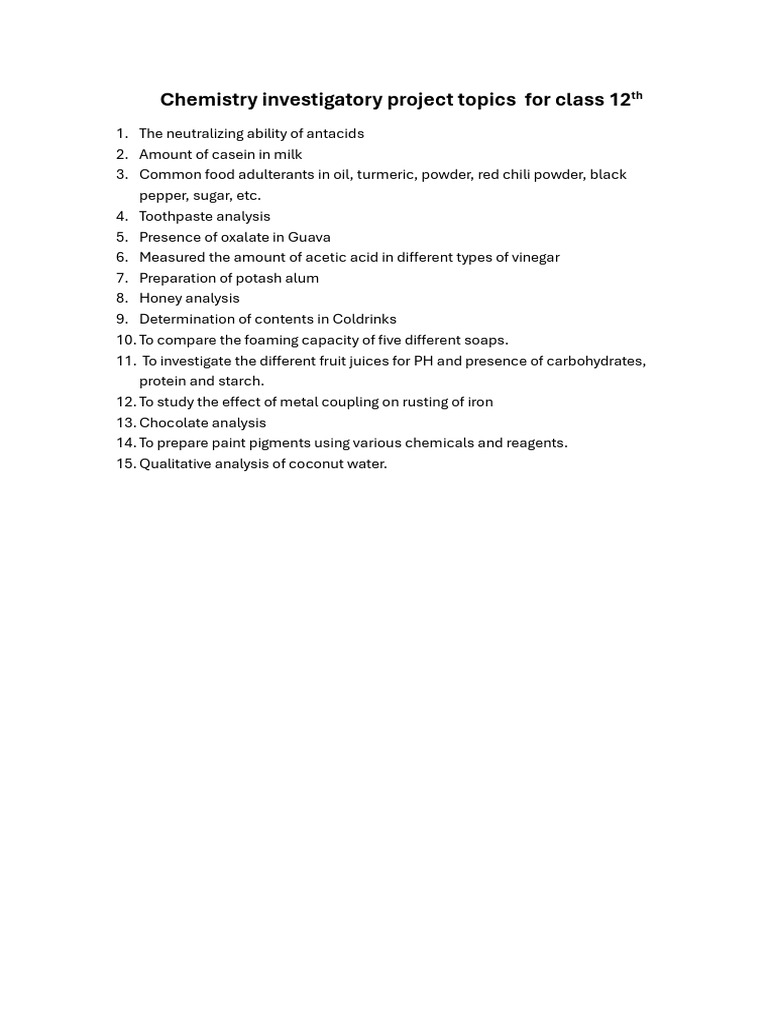 Chemistry Investigatory Project Topics For Class 12th | PDF