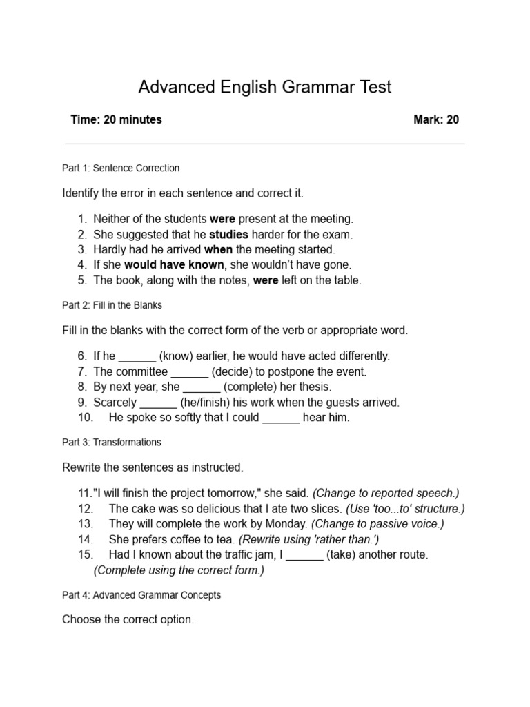 Advanced English Grammar Test | PDF