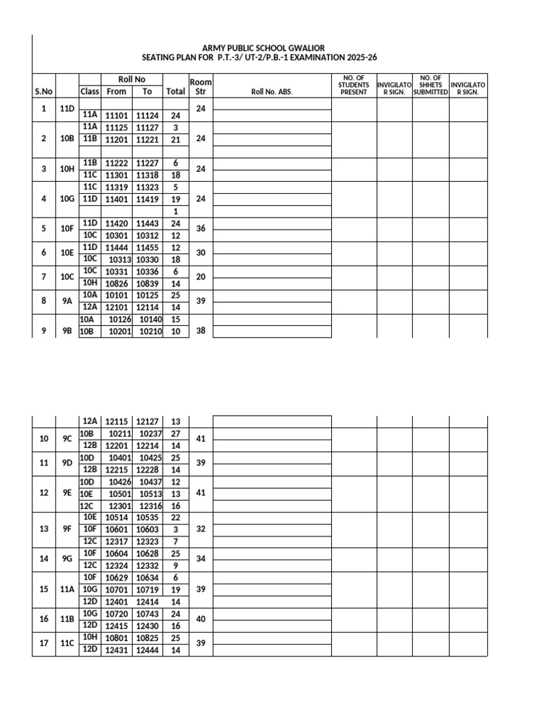 APS Gwalior Exam Seating Plan 2025-26 | PDF
