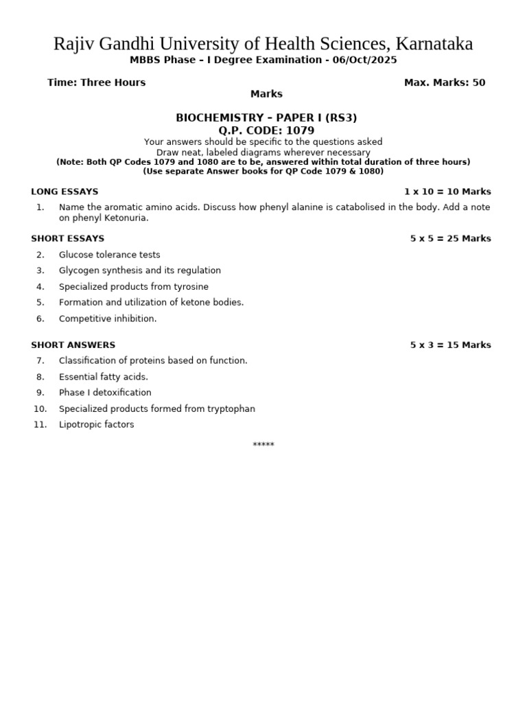 MBBS Biochemistry Exam Paper 2025 | PDF