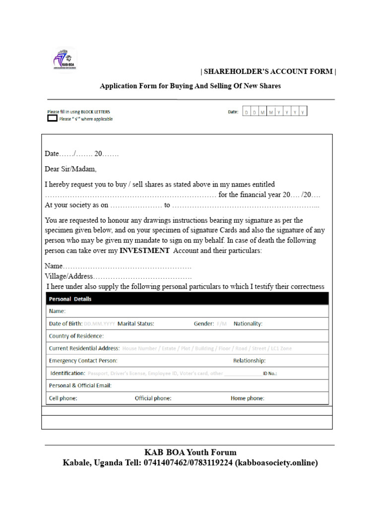 Kab Boa Membership Shares Form - 110006 | PDF