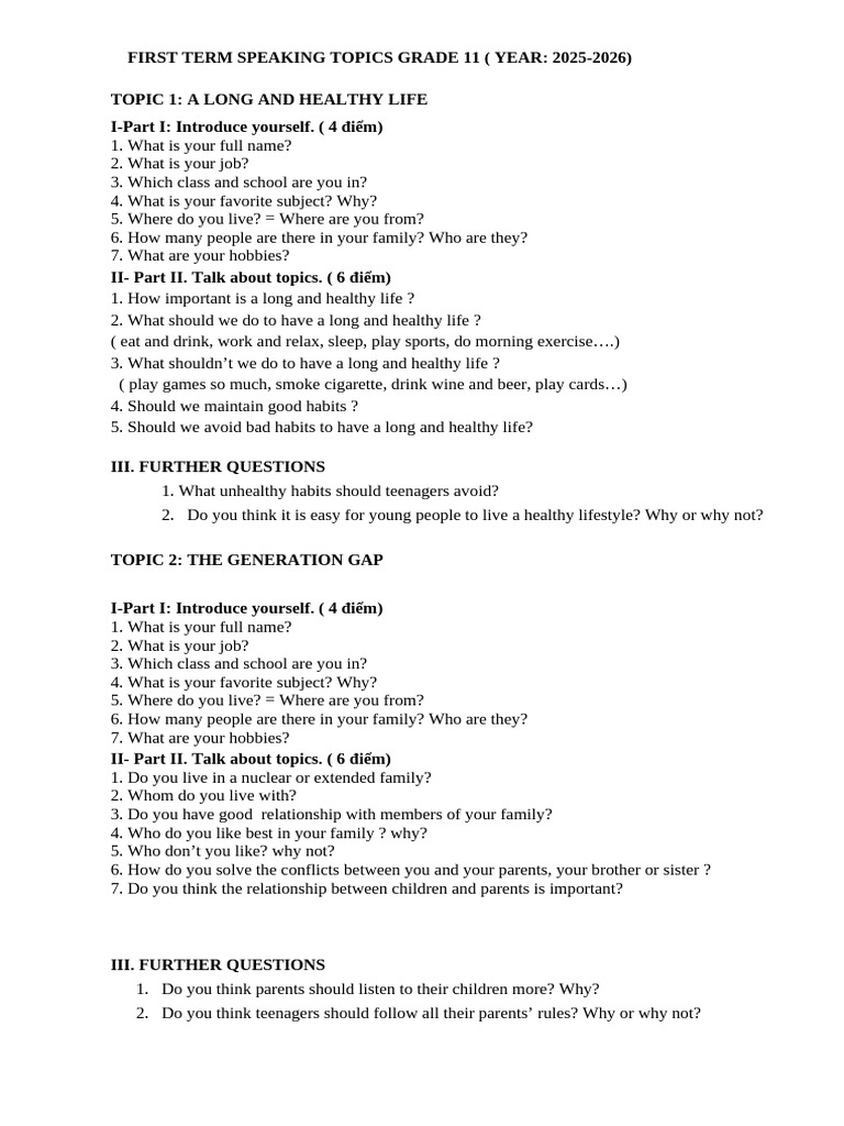 Grade 11 Speaking Topics 2025-2026 | PDF