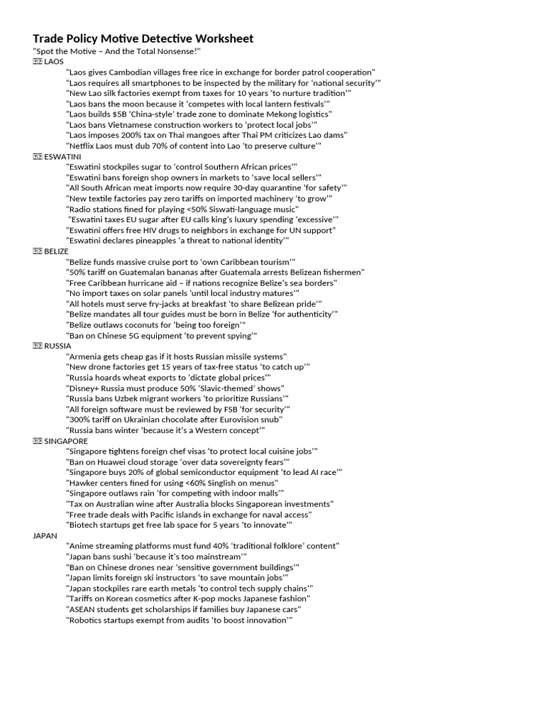 ? Trade Policy Motive Detective Worksheet | PDF | Laos | Economies